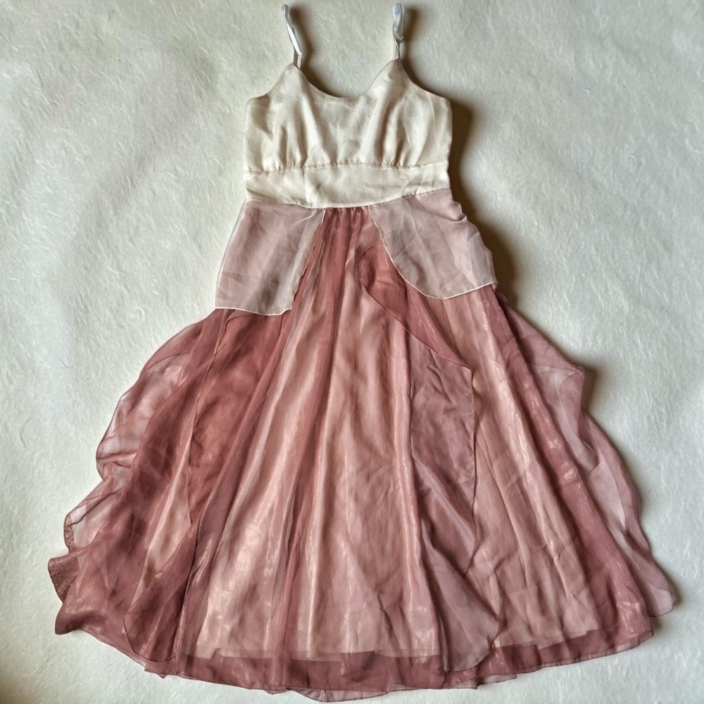 Vintage Y2K Dusty Rose Pink Cream Ivory Organza Layered Midi Dress Fairycore M - Picture 5 of 16